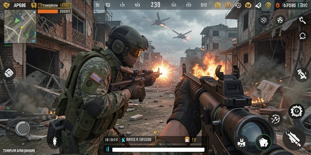 Screenshot gameplay AP686 menampilkan aksi tempur menegangkan dalam TPS.