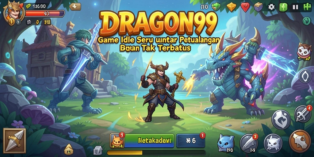 Screenshot gameplay <strong>DRAGON99</strong> menampilkan karakter bertarung secara otomatis di dunia yang luas.