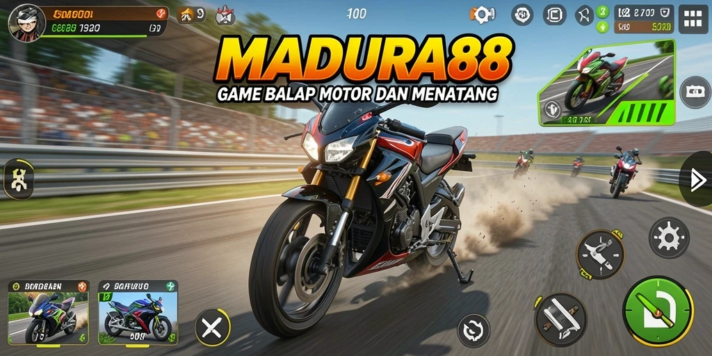 Screenshot gameplay MADURA88 menampilkan balapan motor yang sangat seru.