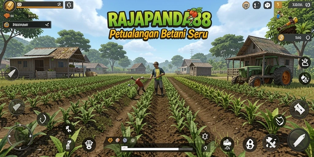 Screenshot game RAJAPANDA88 menampilkan ladang pertanian yang hijau dan penuh kehidupan.