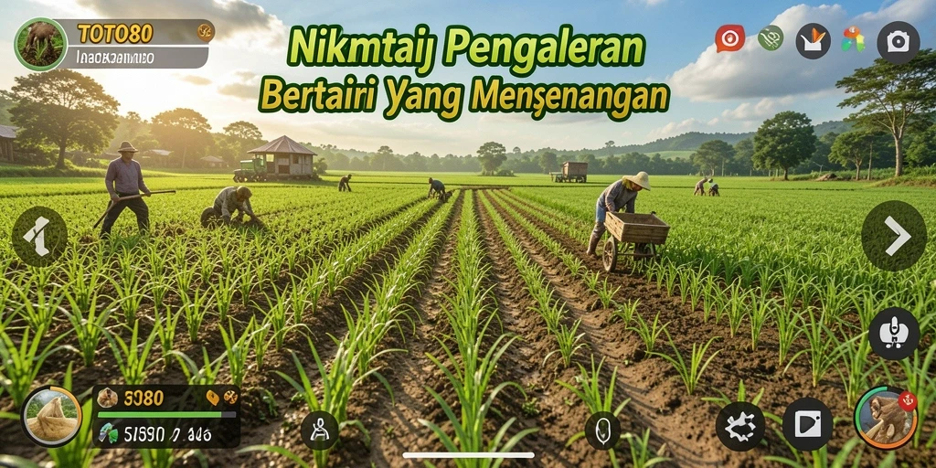 Screenshot TOTO80 menampilkan pemain sedang bercocok tanam di kebun yang indah.