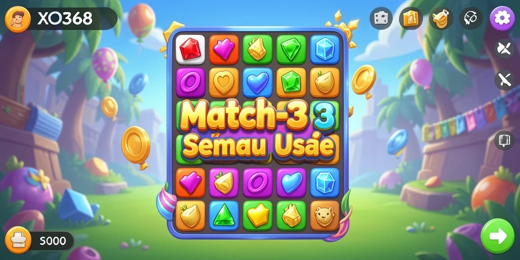 Tangkapan layar menampilkan gameplay Match-3 yang menarik dan penuh warna.